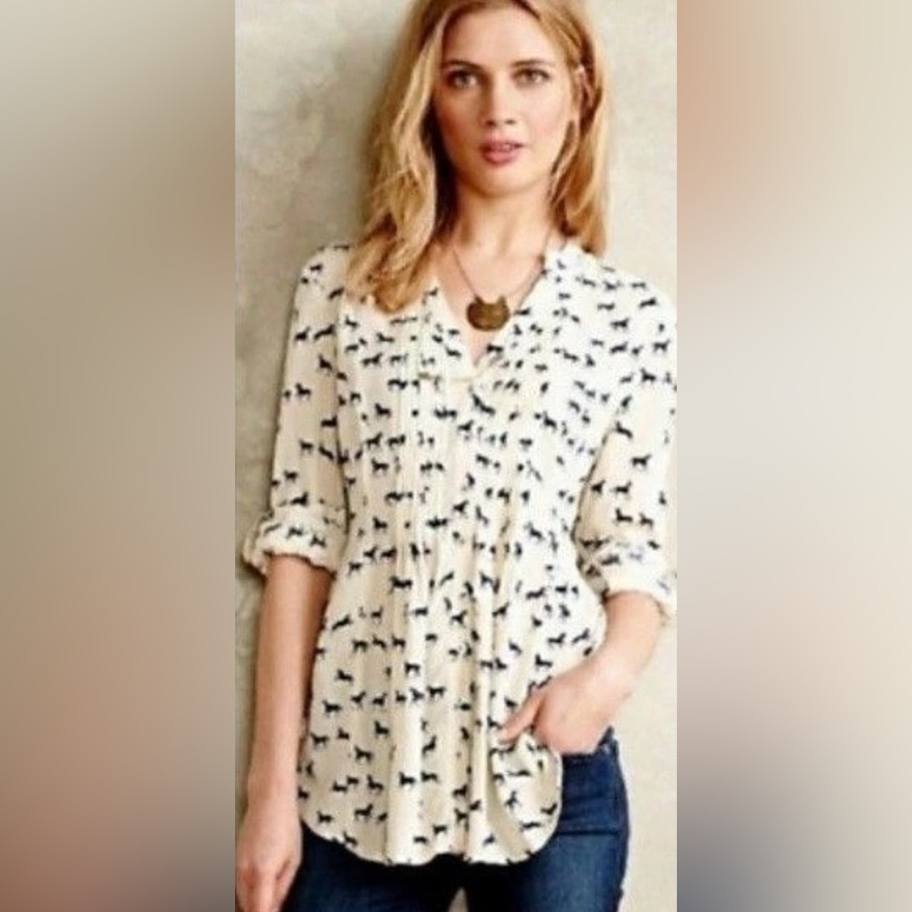 Anthropogie Maeve Horse Print, Pintuck, Button-Front Blouse Pale Yellow Black